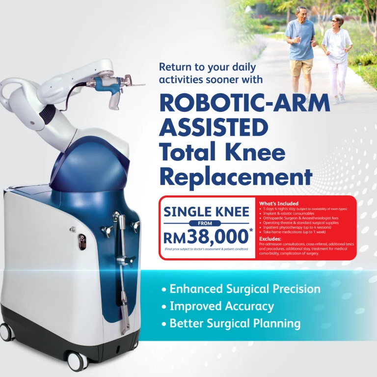 Robotic arm-assisted total knee replacement surgery at Beacon Hospital with pricing information displayed