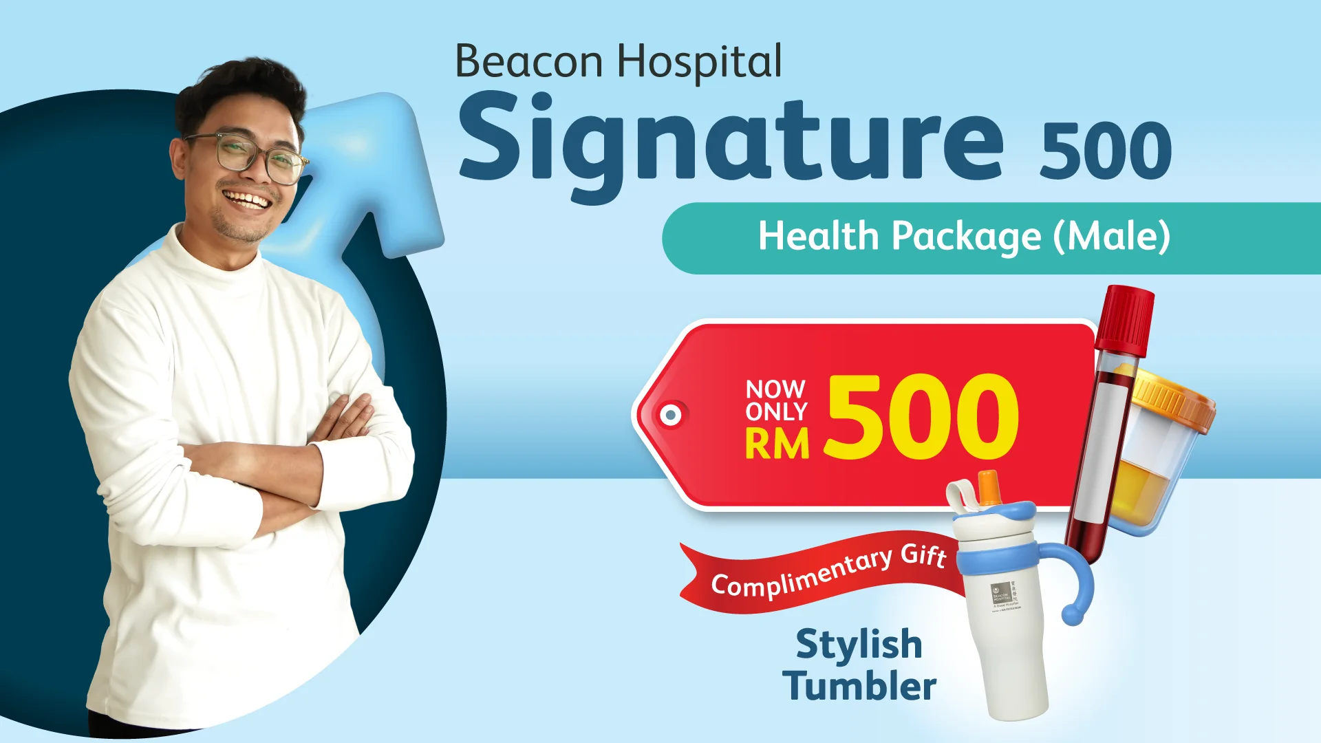 Signature 500 health screening package for men, RM500, complimentary stylish tumbler